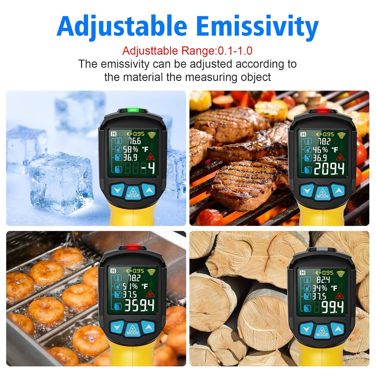 MESTEK Infrared Thermometer Laser Temperature Gun, -58°F to 1472°F (-50~800°C), Non-Contact Digital IR Thermometer Temp Gun Gun with Color LCD for Cooking Pizza Oven, Adjustable Emissivity