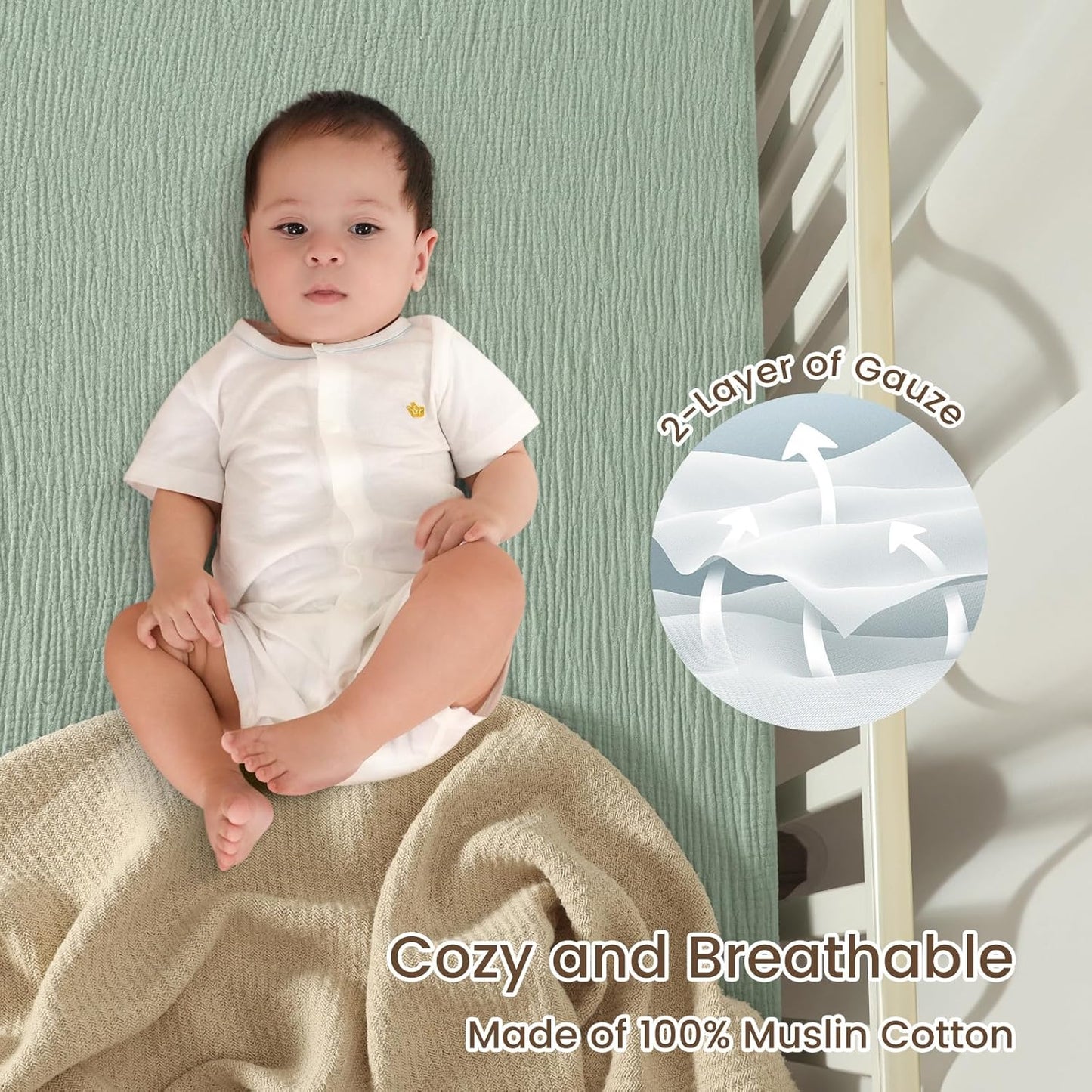 david's kids Muslin Crib Sheets for Boys Girls, 2 Pack 100% Cotton Soft Breathable Fitted Baby Sheet Set, 28x52 Inch Fits Standard Crib and Toddler Mattresses, Sage Green & Dusty Blue