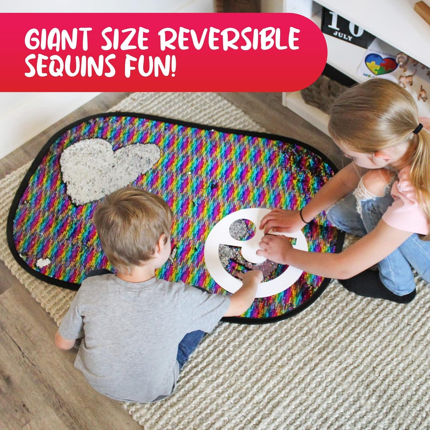 Reversible Sequins Wall Sensory Fun Toy W/ Shape Stencils & Travel Case, Jumbo Size 40 x 27 Inches