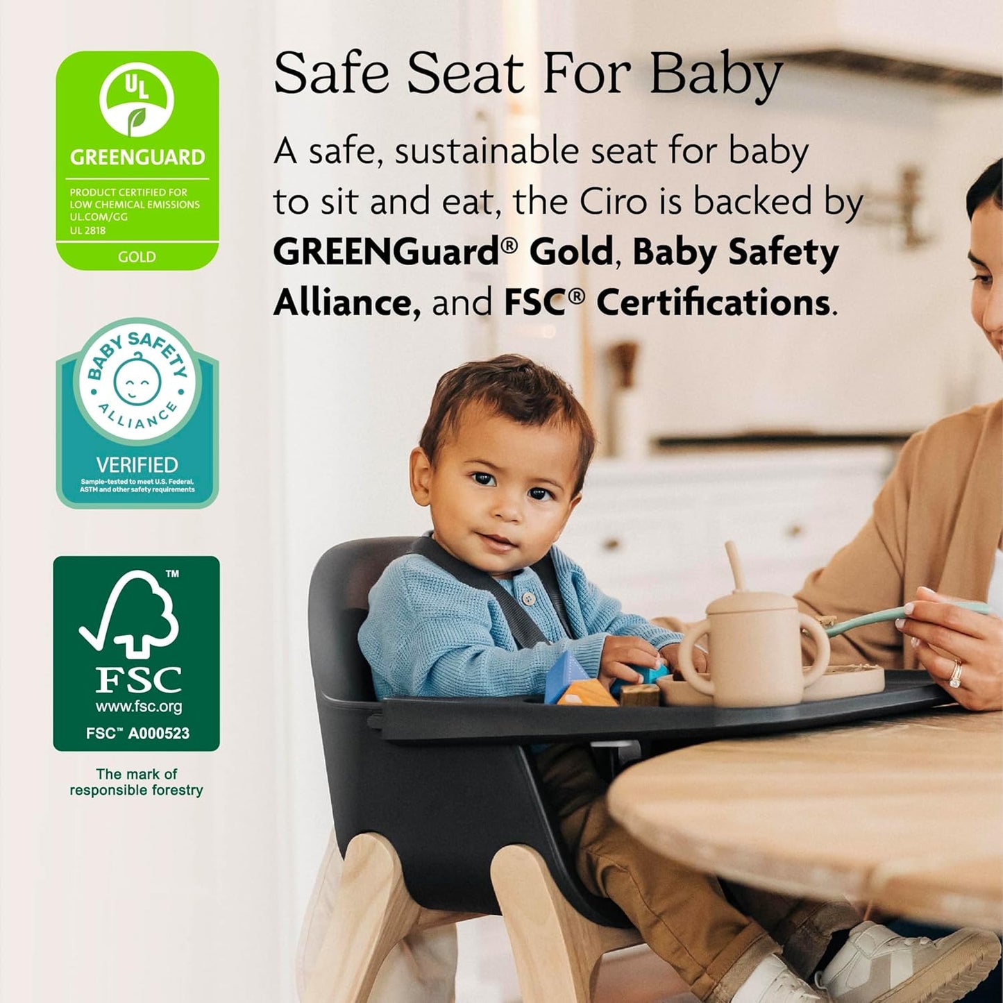 UPPAbaby Ciro High Chair/Sleek, Easy-to-Clean Design/Perfect-Fit Tray to Bring Baby to Table/Patent-Pending Harness/Dual-Position, 180-Degree Rotating Footrest/Chloe (Grey/Rubberwood)