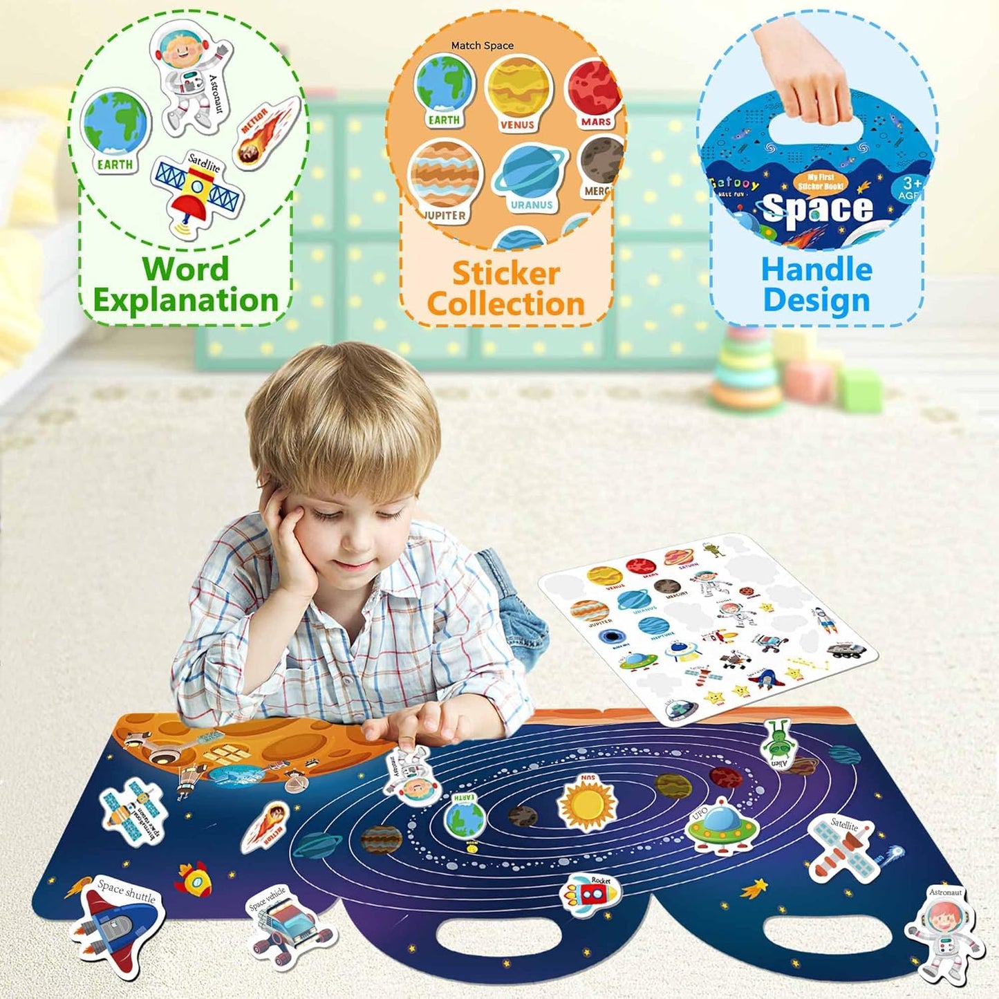 Reusable Sticker Books for Kids, Jelly Quiet Book, Preschool Learning Activities Busy Book for Toddler Travel Toys Waterproof Stickers for Kids 2 3 4 5 6 Year Old Girls Boys (Space)