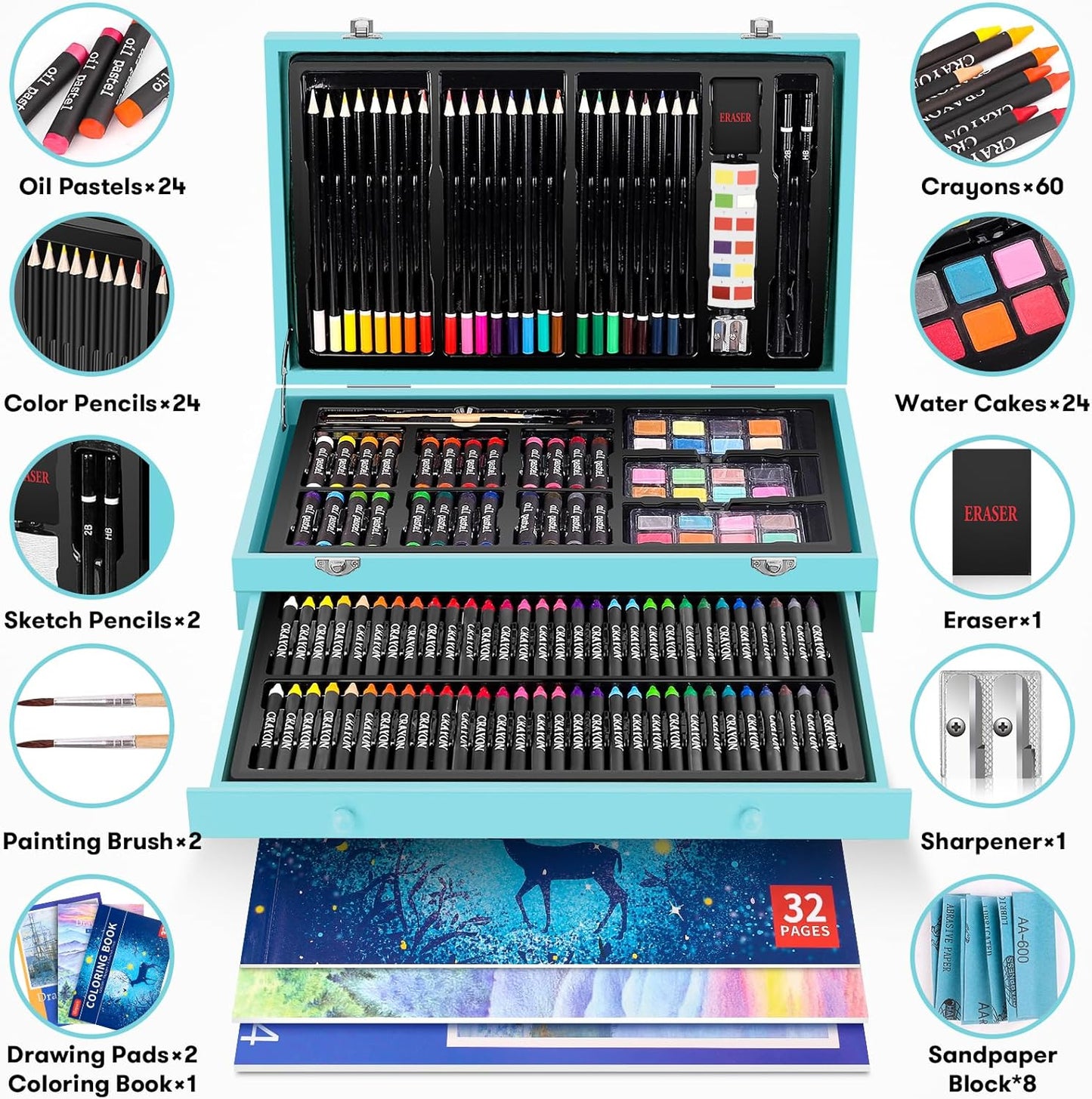 iBayam Art Supplies, 150-Pack Deluxe Wooden Art Set Crafts Drawing Painting Kit with 1 Coloring Book, 2 Sketch Pads, Creative Gift Box for Adults Artist Beginners Kids Girls Boys