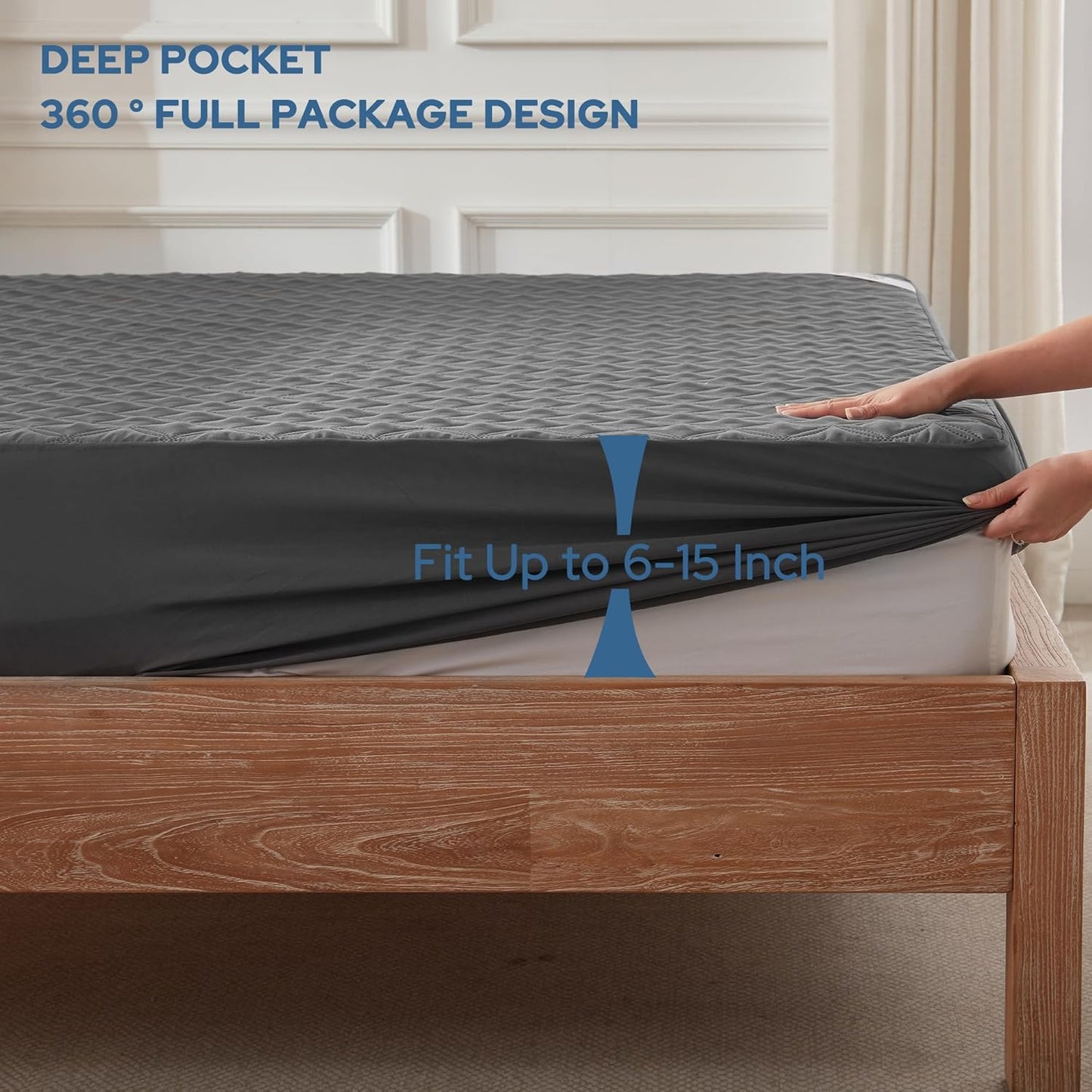 BEDLORE Waterproof Mattress Protector, Noiseless Full Size Mattress Pad with Deep Pocket Fitted Up to 6"-15", Soft Dirt-Proof Double Mattress Cover for College Dorm(Gray)