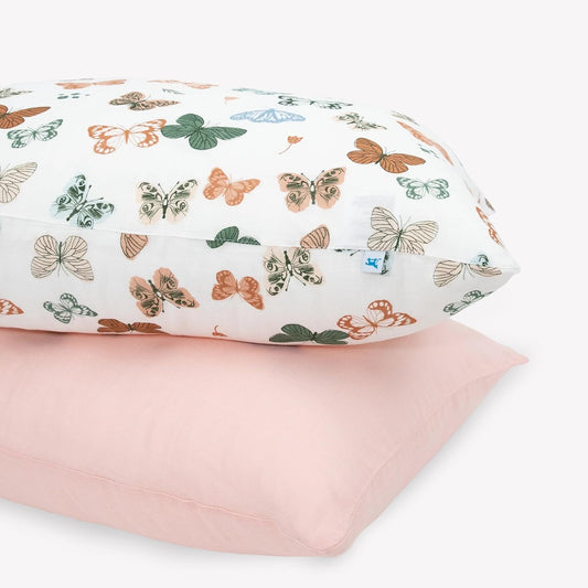 Little Unicorn Standard Pillowcase 2 Pack | Super Soft & Breathable Muslin Fabric | Snug Envelope Closure (Butterflies)