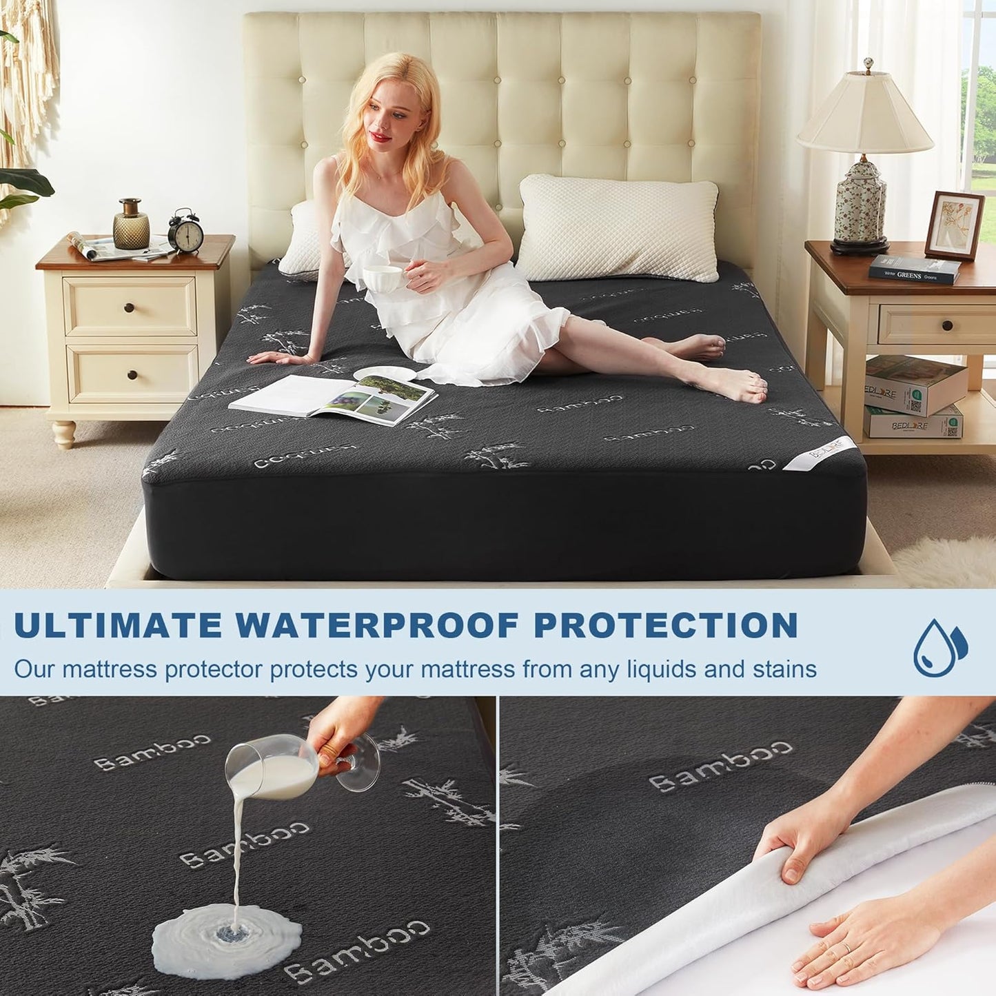 BEDLORE King Size Mattress Protector Waterproof, Mattress Pad Fitted 6-18 Inch Deep Pocket, 3D Air Fabric Soft Double Bed Mattress Cover Noiseless Washable for Bedroom, Hotel, Gray