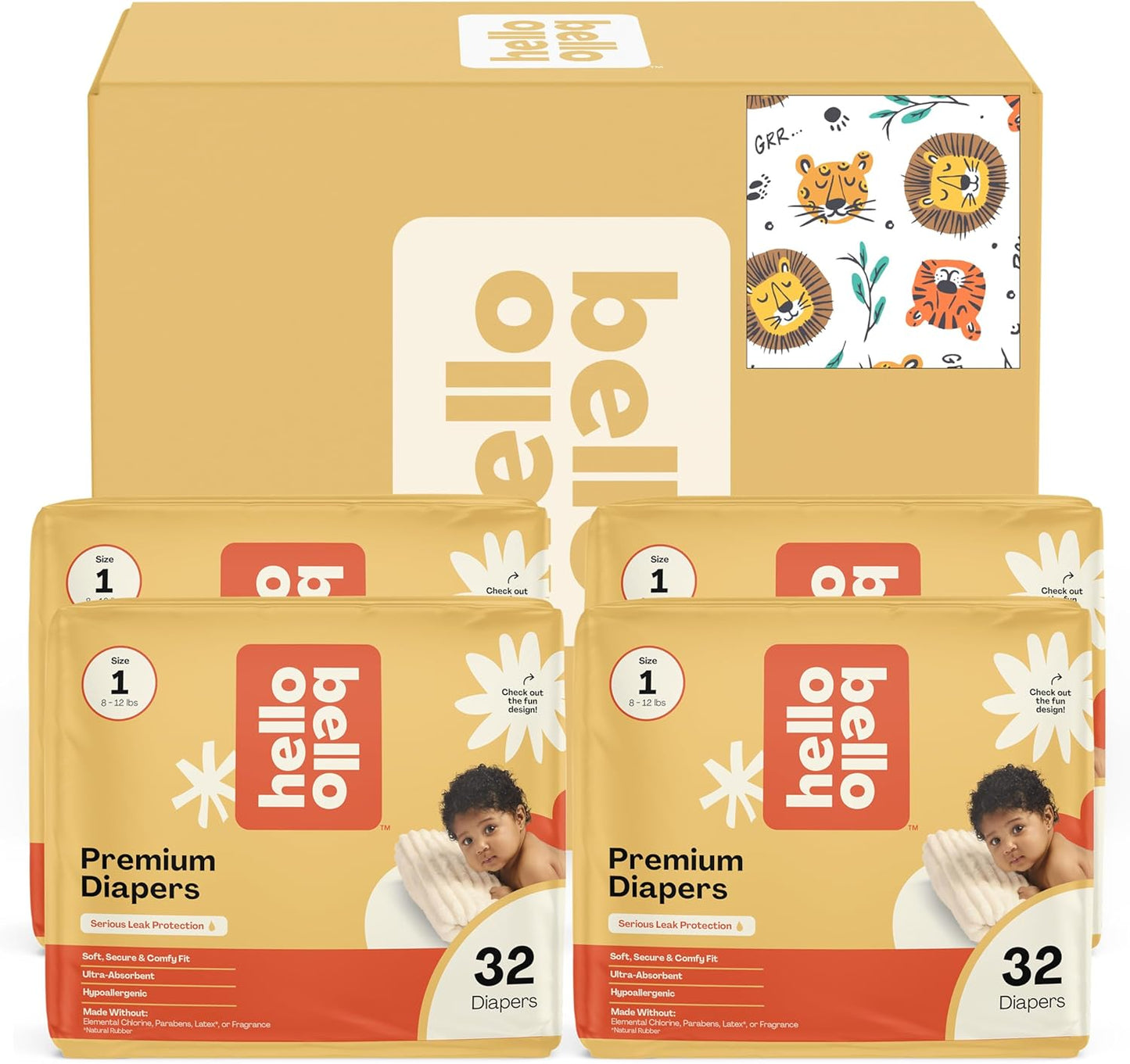 Hello Bello Diapers, Size 1 (8-12 lbs) Wild Cats, 128 Count Value Pack of Premium Disposable Baby Diapers, Hypoallergenic with Soft, Cloth-Like Feel