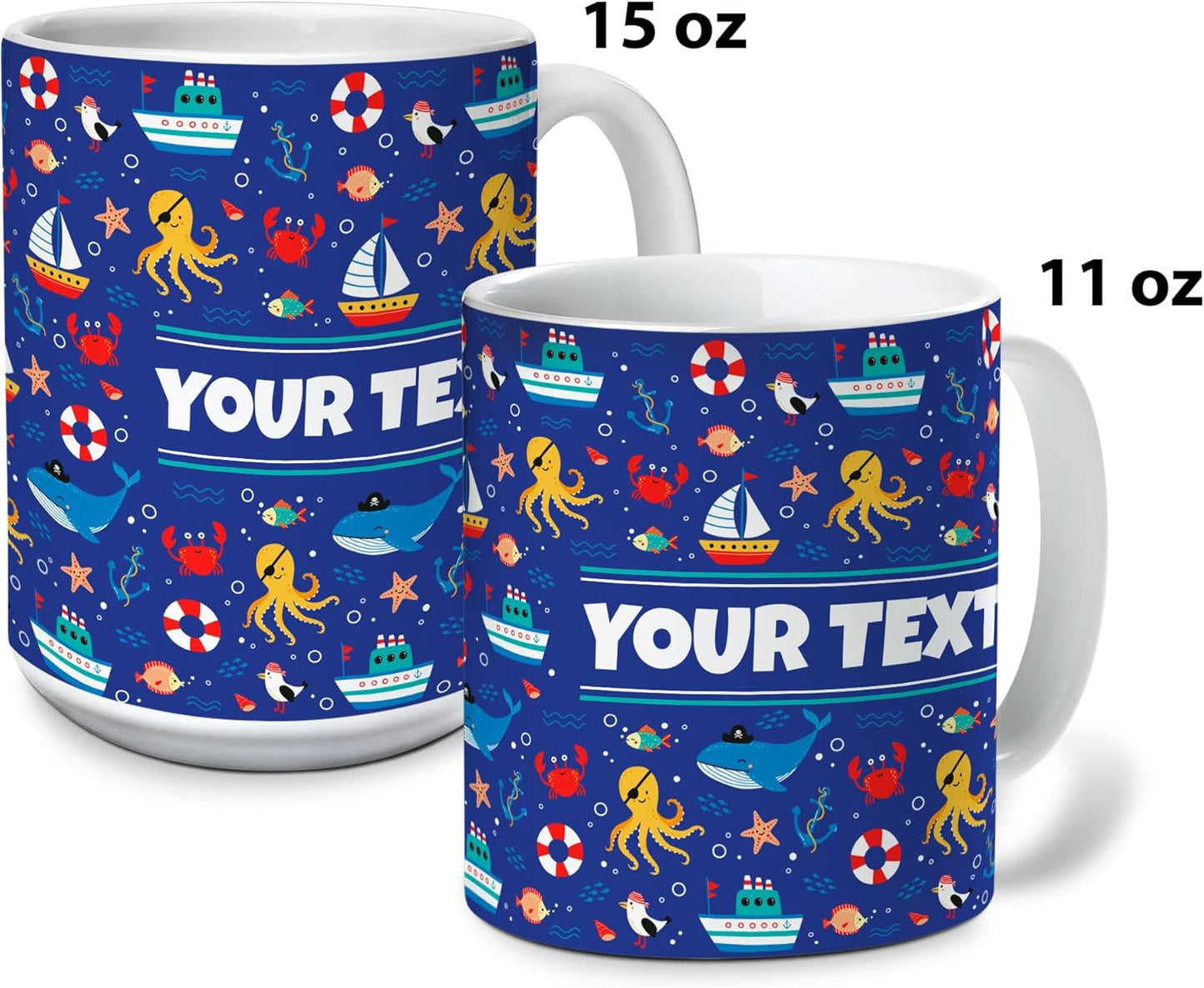Personalized Mug for Kids - Nautical - Custom Name/Text, Ceramic Hot Chocolate/Cocoa/Coffee Cup for Boys/Girls, Birthday/Christmas/Holiday Gift - 11 oz, Light Blue Handle