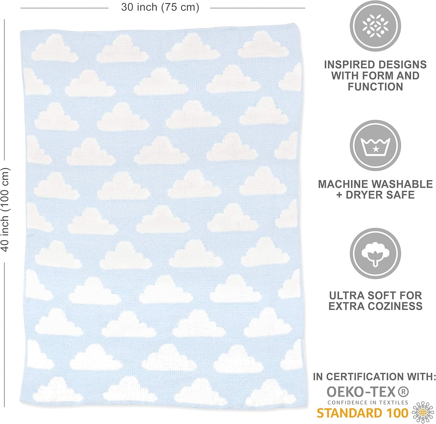 Living Textiles Blue Clouds Chenille Soft Baby Blanket Reversible Premium Cozy Fabric for Best Comfort - for Infant,Toddler,Newborn,Nursery,Boy,Unisex,Throw,Crib,Stroller,Gift, Blue Clouds 40x30