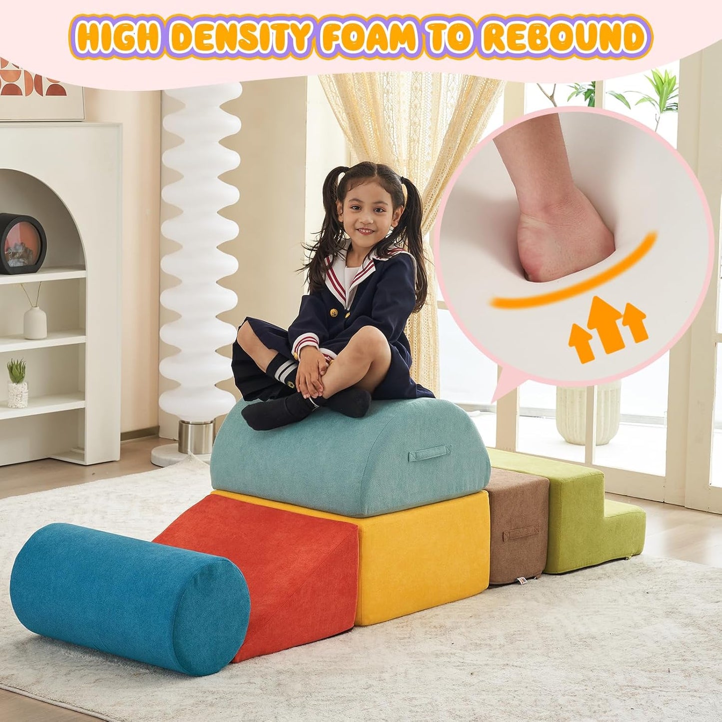 jela Foam Blocks 6Pcs Soft Play Equipment Luxury Miss Fabric, Toddler Climbing Toys Indoor Soft Play Climbing for Toddlers, Lightweight Climbing Blocks for Babies, Kids, Climb and Crawl Foam Playset