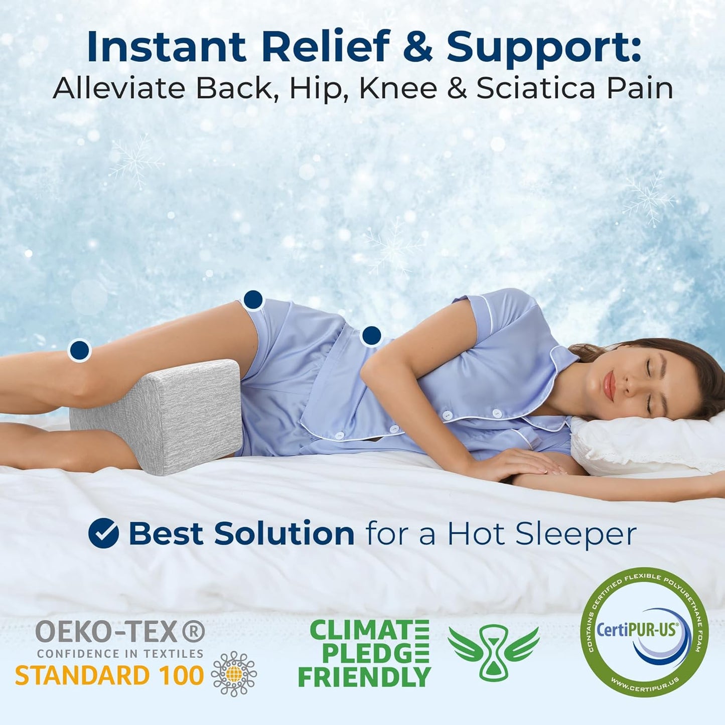 5 STARS UNITED Knee Pillow for Side Sleepers - Hip Pain Relief - Cooling Cover - Memory Foam Leg Cushion for Side Sleeping - Between Legs Pillow for Sciatica & Lower Back Pain, Arctic Gray