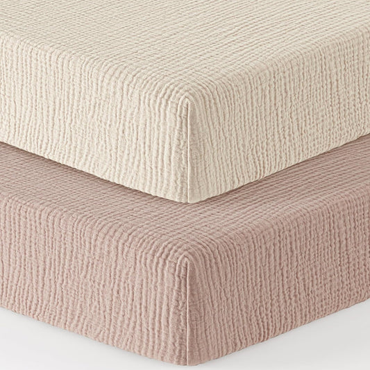 Bearmoss Muslin Mini Crib Sheets for Pack N Play Mattress - 100% Cotton - 38"x24" Soft Breathable Playard Baby Crib Sheets Neutral for Boys Girls - 2 Pack (Baby Face)