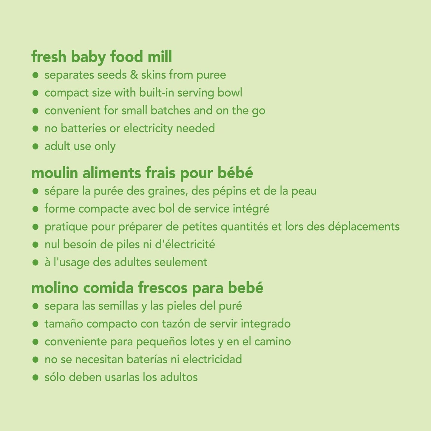 green sprouts Fresh Baby Food Mill - Easily Purees Food for Baby, Separates Seeds & Skins, Compact Size, No Batteries or Electricity Needed, Dishwasher Safe