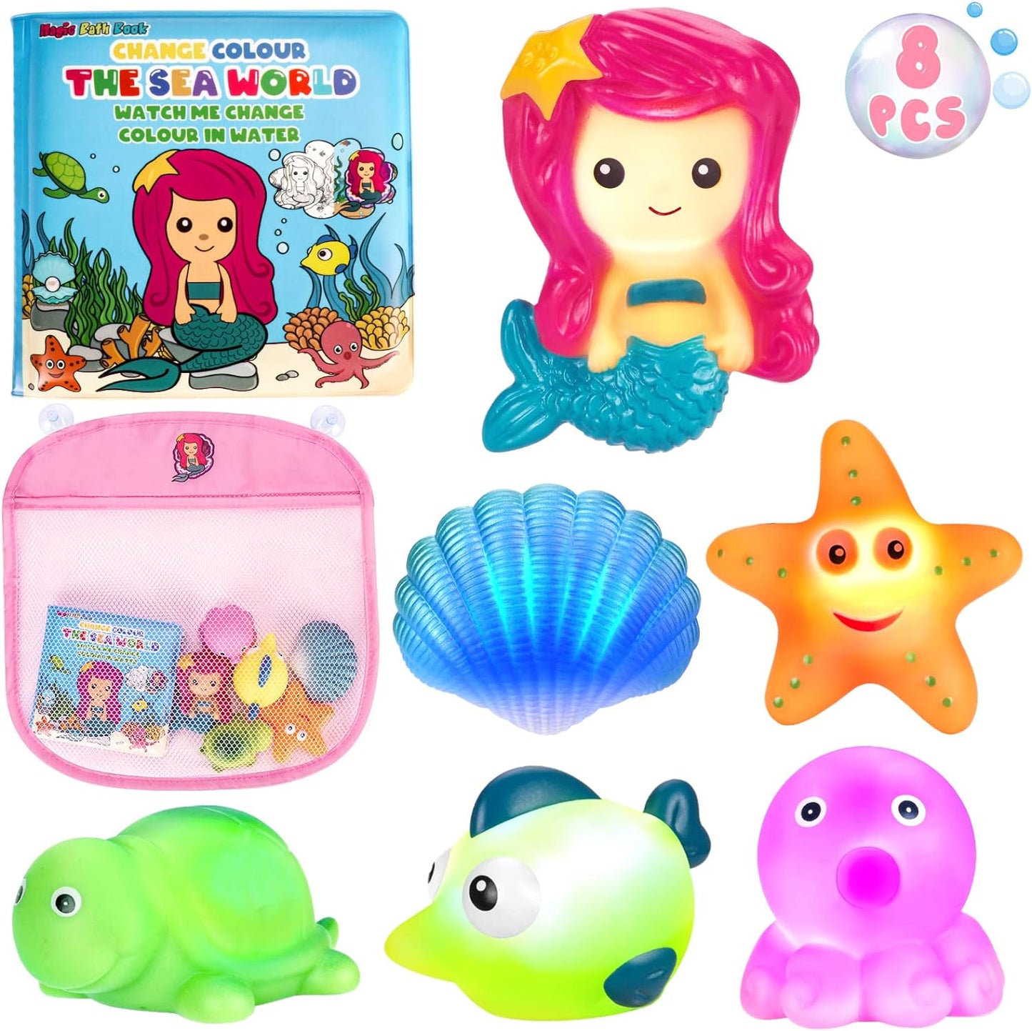 Light Up Bath Toys for Toddlers Kids Girls Baby, No Hole Glow Bath Toys with Bath Book & Organizer, Led Light Bath Time Water Toys for Bath Tubs Bathrooms Pool, Gift for Toddlers Girls Infants
