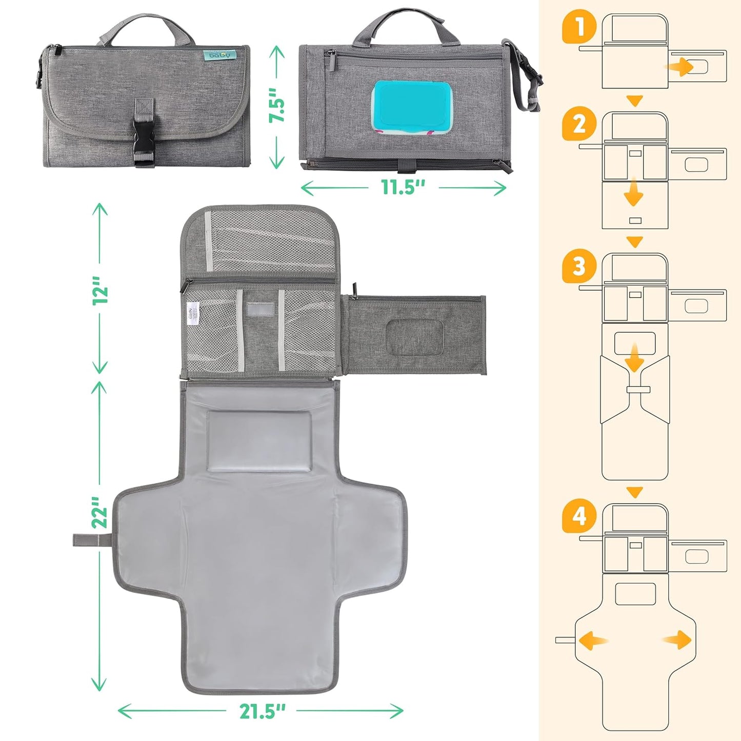 Kopi Baby Portable Diaper Changing Pad - Baby Diaper Changer Travel Bag with Wipes Pocket, Smart Design Portable Changing Mat, Infant Travel Station Kit, Gift for Newborn Girl & Boy - Grey, Premium
