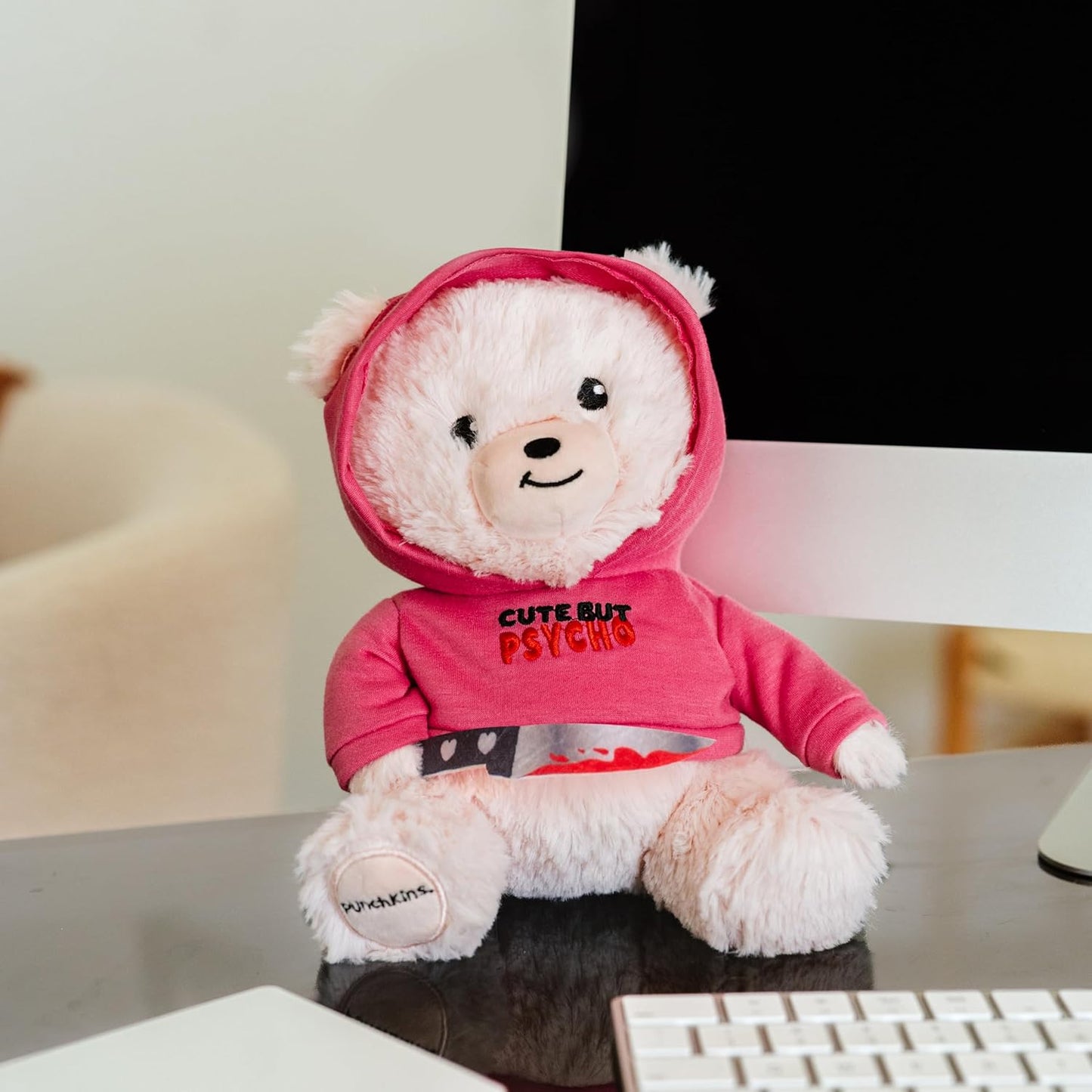 Cute but Pyscho Unbearable Plushie, Comical Plush Teddy Bear Collectible, Funny Pun Meme Gag Gift, White Elephant, Stocking Stuffer,Emotional Support, Fun Desk Accessory, Weighted Base for Display