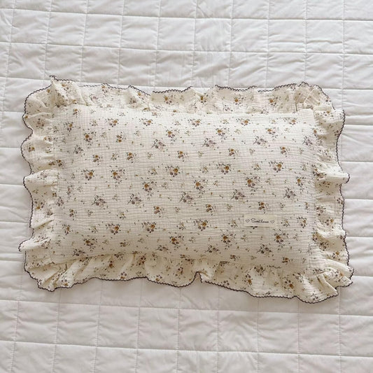 BuLuTu Cotton Muslin Pillow Case King Pillowcase Sweet Floral Design Pillowcases Enveloped Closure Vintage Ruffled Pillow Cover for Teens Adults, 20x36 inch, 1 Piece, Crapemyrtle
