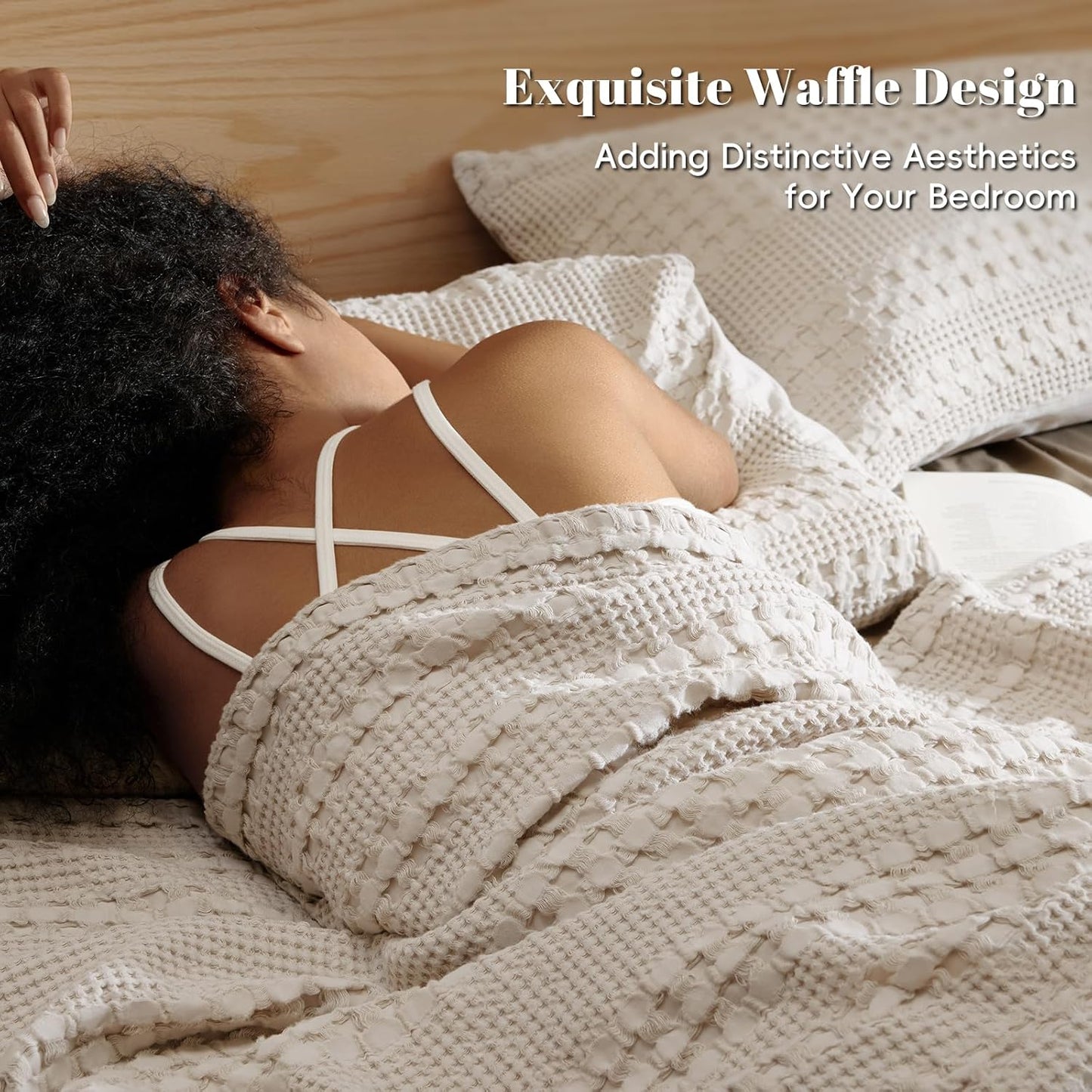 PHF 100% Cotton Waffle Weave Blanket Queen Size, Soft Lightweight Breathable Cozy Summer Blankets for Bed, Luxury Aesthetic Woven Bedding for Home Decor, 90"x90", Oatmeal