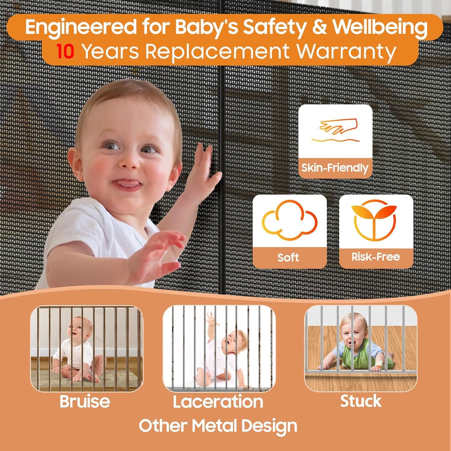 Retractable Baby Gates - 200" Extra Wide Retractable Dog Gate, 42" Extra Tall Mesh Gate Pet Gate with Support Rods, Long Child Safety Gate for Stairs Doorways Indoor Outdoor Large Openings - Black