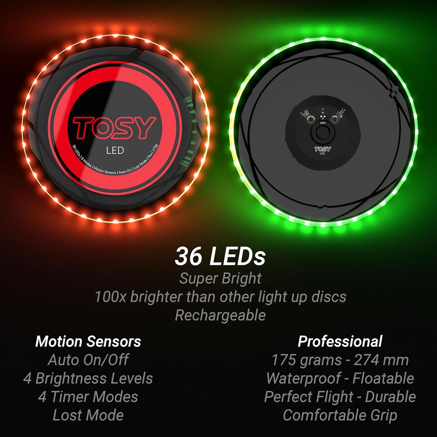 TOSY Flying Disc - 16 Million Colors RGB or 36 LEDs, Extremely Bright, Smart Modes, Camping Essentials for Teens/Kids/Adults/Men/Boys/Girls, Auto Light Up, Rechargeable, Waterproof, 175g