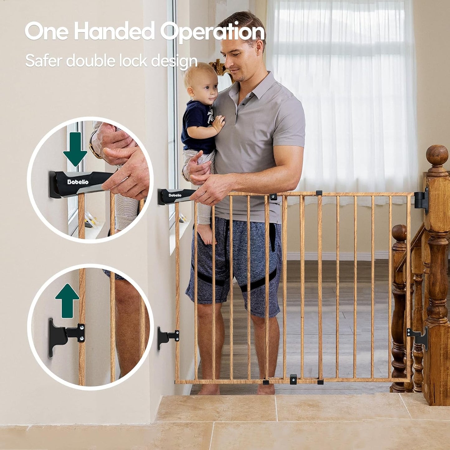 Babelio 26-43" No Bottom Bar Baby Gate for Babies, Elders and Pets, 2-in-1 Hardware Mount Dog Gate for The House, Stairs and Doorways, with Large Walk Thru Door, Brown Wood Pattern