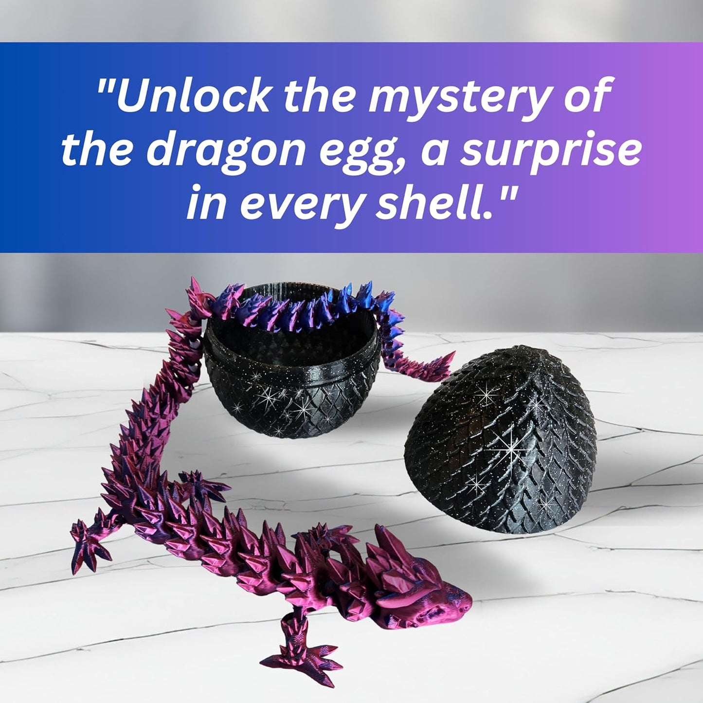 Large 20" Color-Changing Dragon (Improved Design) with Mystic Sparkle Egg, Made in USA - Articulated 3D Printed, 3D Dragon Egg (BLUE/PURPLE/RED & BLACK EGG)…