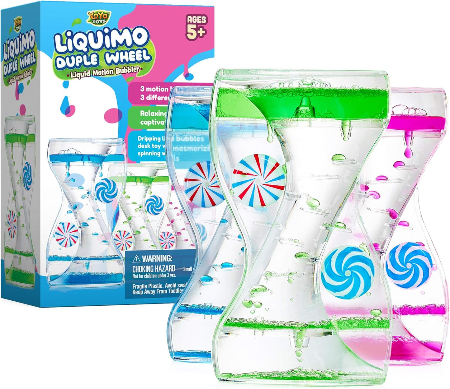 YoYa Toys Liquimo Liquid Motion Bubbler Duple Wheel for Kids and Adults - Satisfying Toys for Stress and Anxiety Relief - Fidget Toy Can Be Used as a Colorful Kitchen Timer - 3 Pack