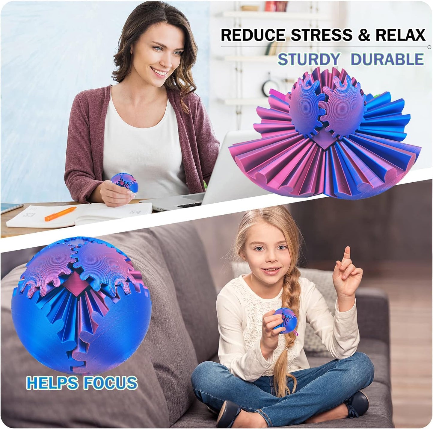 Gear Ball for ADHD 3D Printed Gear Ball Steampunk Whirling Wonder Fidget Toy Gearsphere Gear Ball for Stress and Anxiety Relaxing Fidget Ball Ideal for Sensory Needs and Autism (Laser Red Blue)