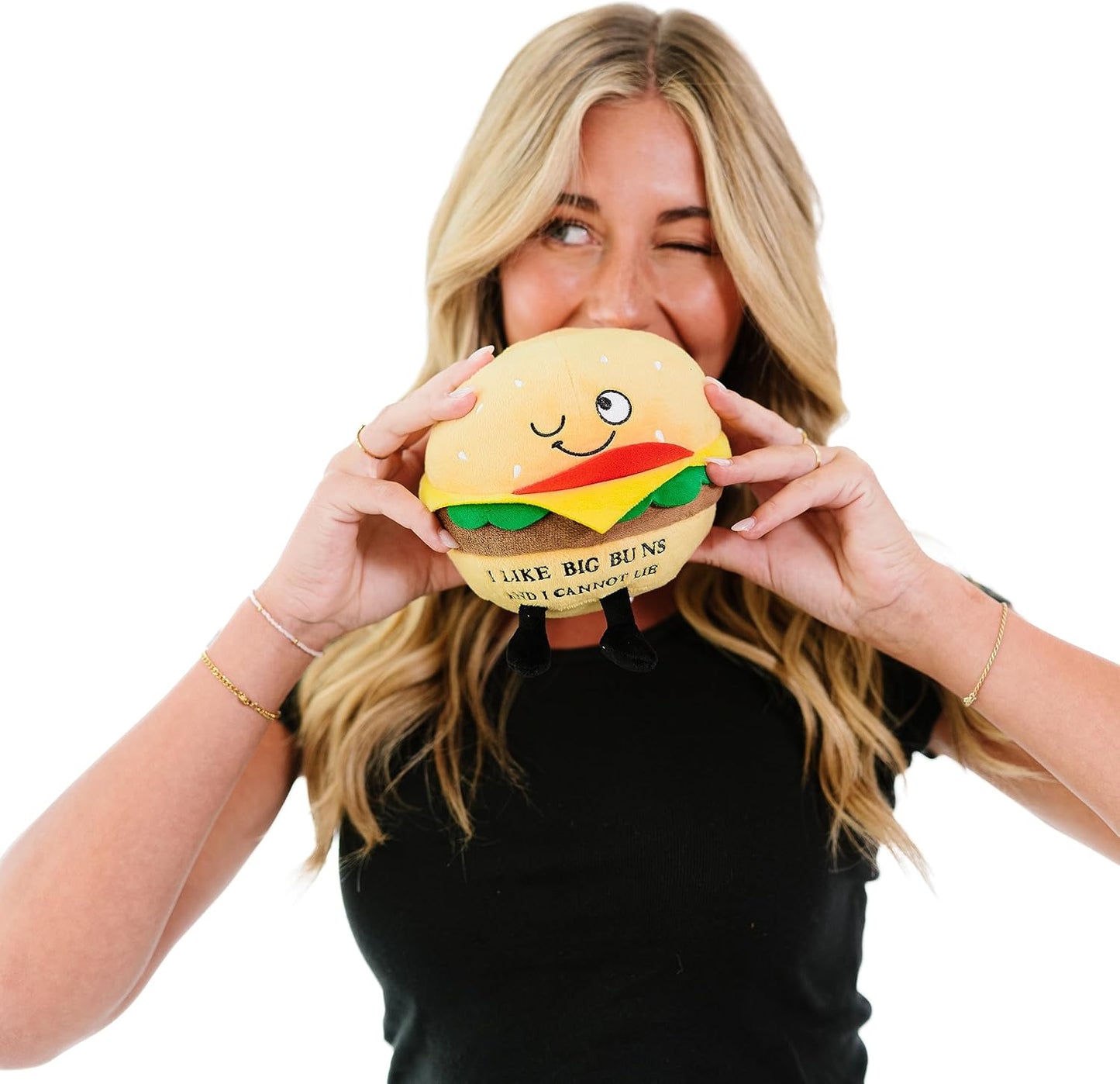 Hamburger Foodie Plushie, Funny Pun Meme Gag Gift, White Elephant, Stocking Stuffer Present, Great for Emotional Support, Fun Desk Accessory, Weighted Base for Display