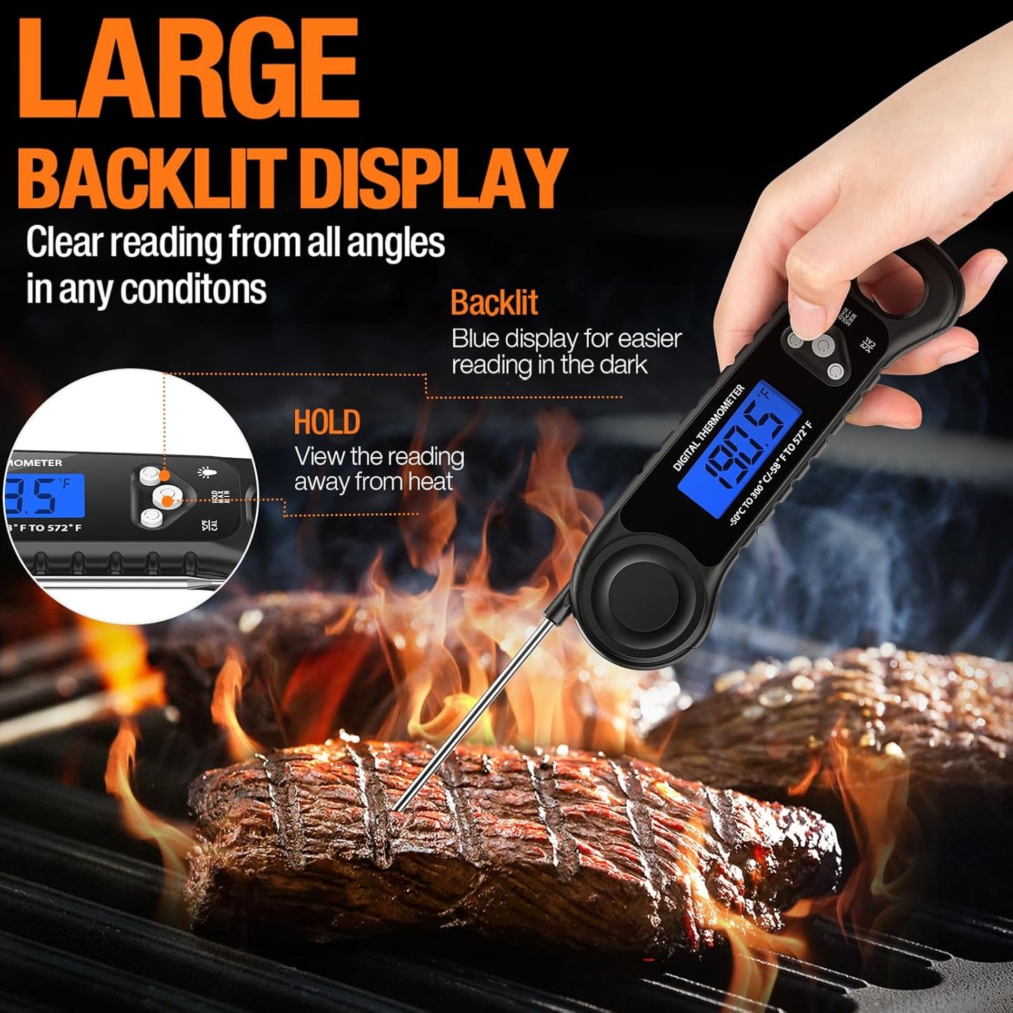 Meat Thermometer Digital, Instant Read Food Thermometer for Cooking Deep Fry BBQ Oven Grill Smoker Roast and Candy Thermometer, Camping & Kitchen Essentials, Gifts for Men Women