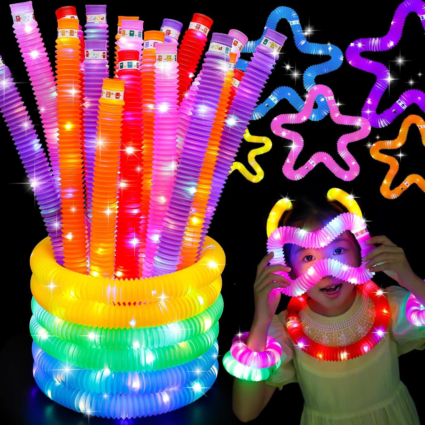 8 PCS Light Up Glow Pop Tubes, Neon Glow Sticks Party Favors for Kids 3-8-12, Fidget Stress Relief Toys, Toddlers Goodie Gift Bag Stuffer Fillers,Classroom Prizes Rewards, Party Yard Decorations