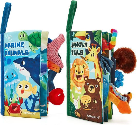 hahaland Baby Toys 0-6 Months - Crinkle Books for Babies 2PCS, Cloth Texture Tails Sensory Book 6-12 Months - Soft, Tummy Time, Montessori Toys 3 4 5 Month Newborn Twin Boys Gifts Travel Infant Toy