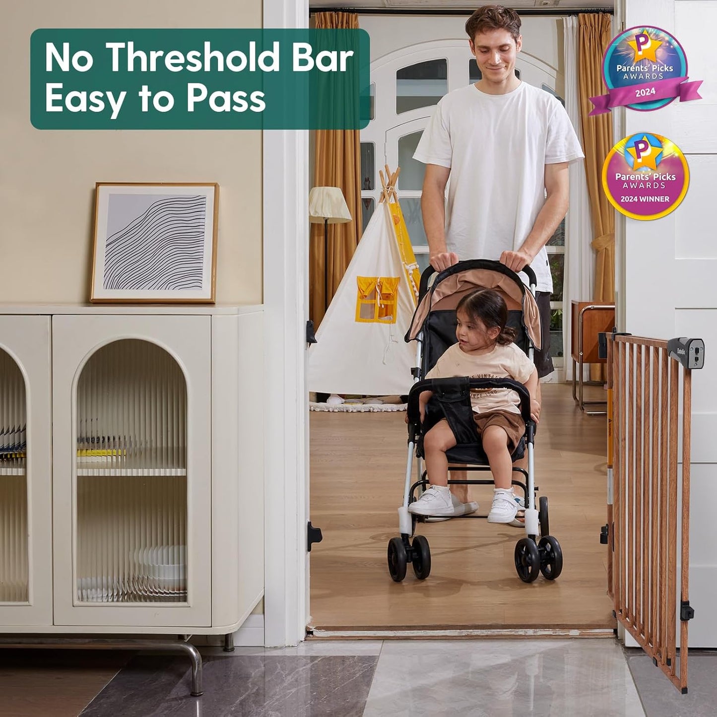 Babelio 26-43" No Bottom Bar Baby Gate for Babies, Elders and Pets, 2-in-1 Hardware Mount Dog Gate for The House, Stairs and Doorways, with Large Walk Thru Door, Brown Wood Pattern
