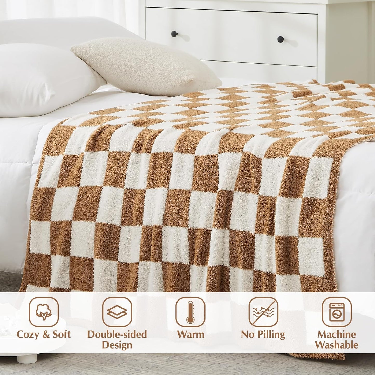 WRENSONGE Checkered Throw Blanket, Burnt Orange Soft Cozy Fluffy Warm Hand Made Throw Blankets for Couch, Sofa, Chair, Bed, Camping, Picnic, Travel Lightweight Bed Blanket - 50"*70"