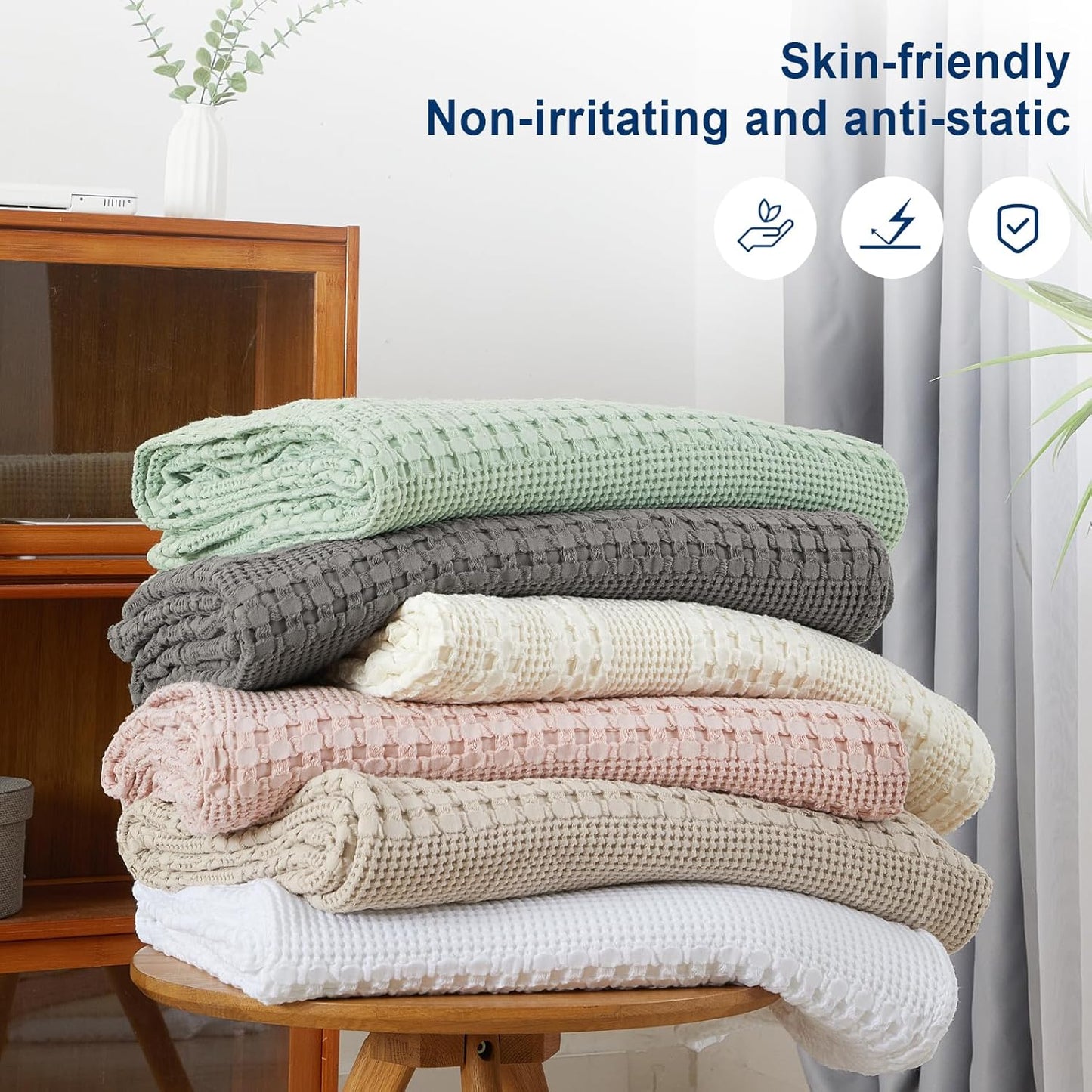PHF 100% Cotton Waffle Weave Blanket Twin Size, Soft Lightweight Breathable Cozy Summer Blankets for Bed, Luxury Aesthetic Woven Bedding for Home Decor, 66"x90", Cannoli Cream