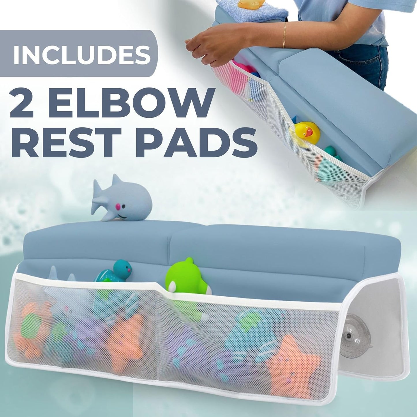 Comfortable Baby Bath Kneeler and Elbow Rest Pad Set – Thick Memory Foam Bath Kneeling Pad with Elbow Support – Baby Bathtub Cushion with Toy Organizer for Bathing Infant or Toddler - Blue