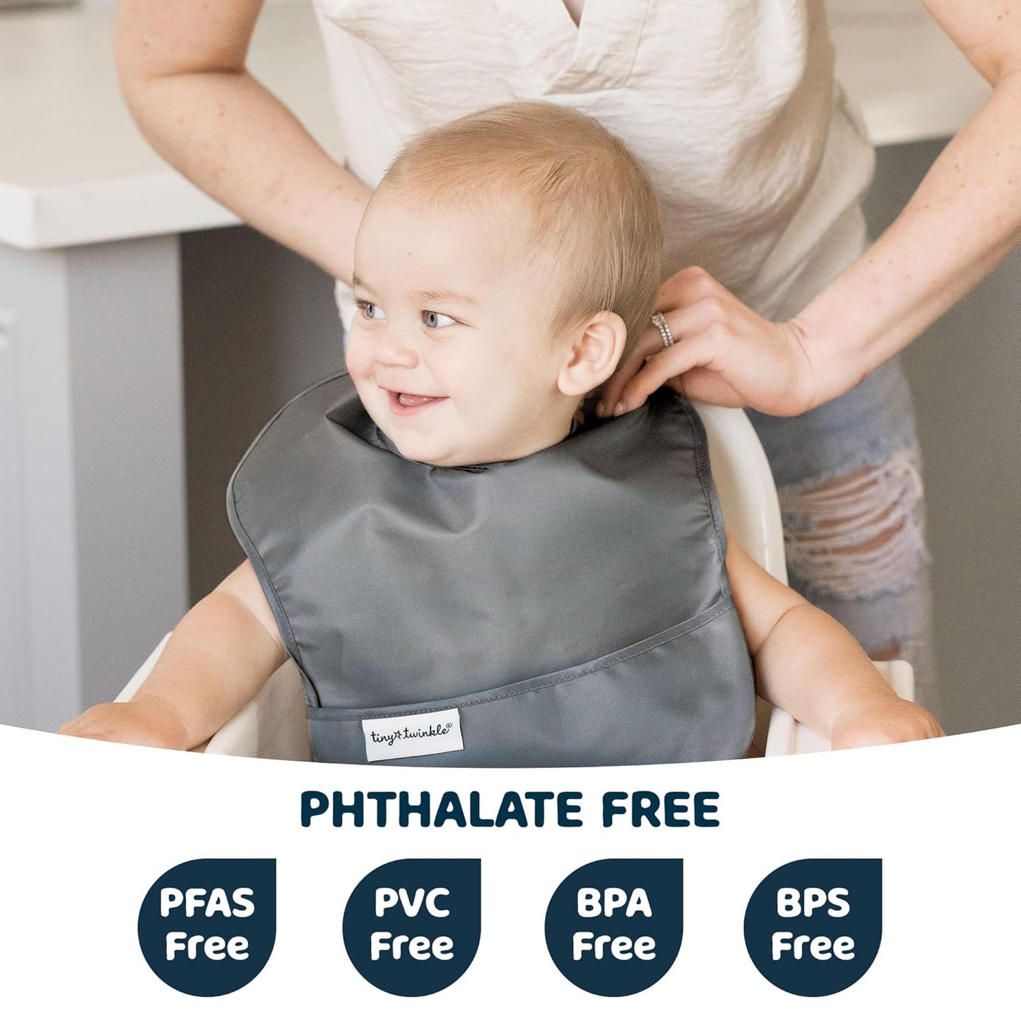 Tiny Twinkle Mess Proof Baby Bibs for Eating - Waterproof, Wipeable Bibs - Toddler Bibs - Travel Friendly - PFAS, PVC, BPA, Phthalate Free - Baby Food Bibs (3 Pack,Sage, Charcoal)