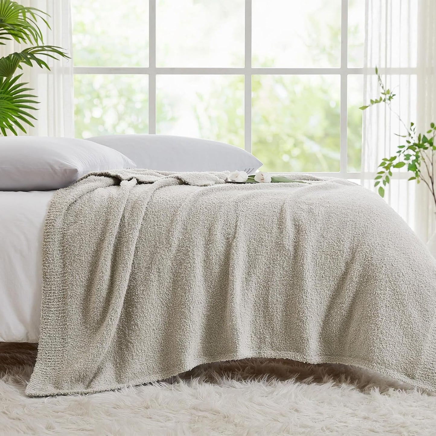 CYMULA Knit Throw Blanket for Couch Light Grey - Super Soft Lightweight Plush Fuzzy Fluffy Warm Cozy Blankets and Throws for Sofa Bed, 50 x 60 inches