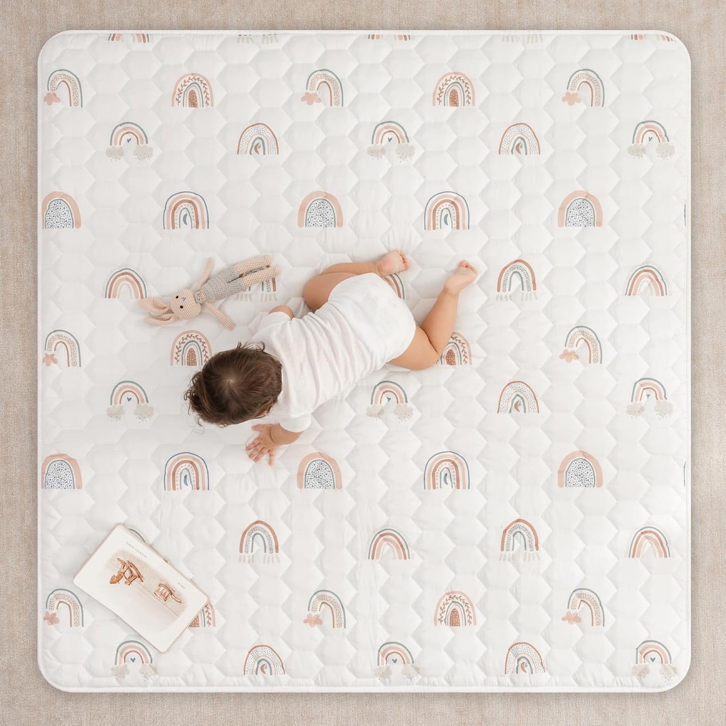 Comfy Cubs Square Kids Play Mat - 56 x 56 inches Soft Quilted Baby Floor Mat with Non-Slip Bottom - Plush Design for Toddlers' Playtime and Relaxation - Comfortable and Durable - Rainbow