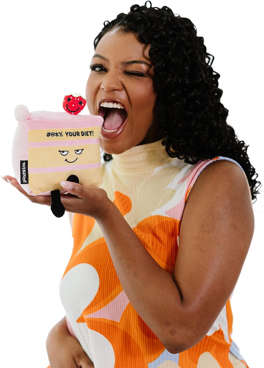 Cake Slice Foodie Plushie, Funny Meme Gift, Comical Plush Collectible, Weighted Base for Display