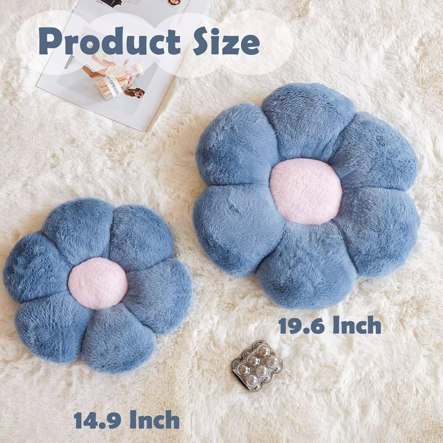 Dusty Blue Flower Shaped Throw Pillow With Faux Rabbit Fur, 19.6" Soft Plush Floor Pillow, Cute Decorative Room Decor for Bedroom Living Room