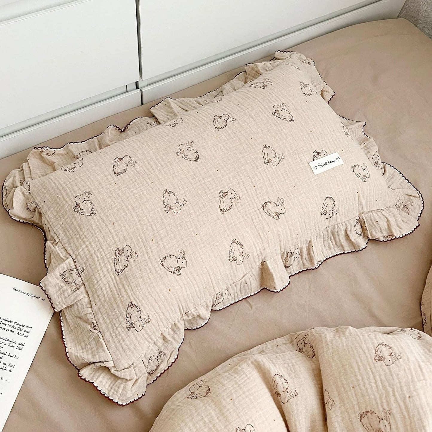 BuLuTu 2-Layer Cotton Muslin Toddler Pillowcase Rabbit Pattern, Soft Breathable Travel Pillow Case Fit for Boys Girls Toddler Pillow 13"x18"or 14"x19", Nursery Decor Kids Pillow Cover 14"x20"