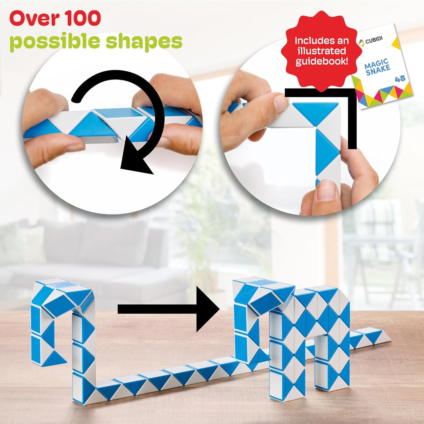 CUBIDI® Magic Snake Cube | Fidget Snake Toy for Kids | Travel Toys for Kids Ages 4-8 | Great Gift for Boys and Girls Birthday, Christmas, Stocking Stuffers - 48 Blocks | 0.9 inch x 0.7 inch | Red