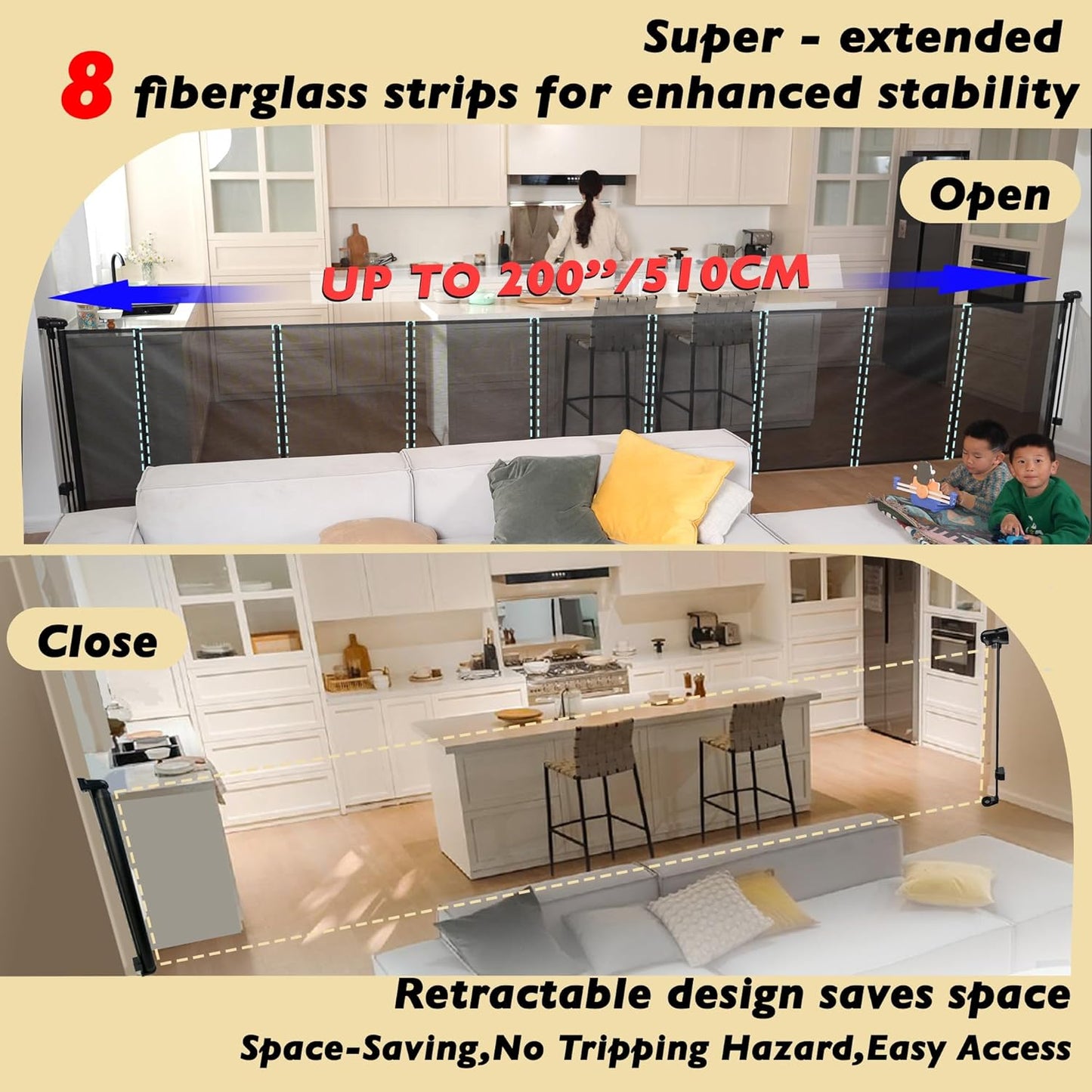 200" Retractable Baby Gates Extra Wide for Large Opening, 41" Extra Tall Retractable Dog Gate Pet Gates, Long Child Safety Mesh Gate with Fiberglass Rods for Stairs, Doorways, Hallways, Indoor/Outdoor