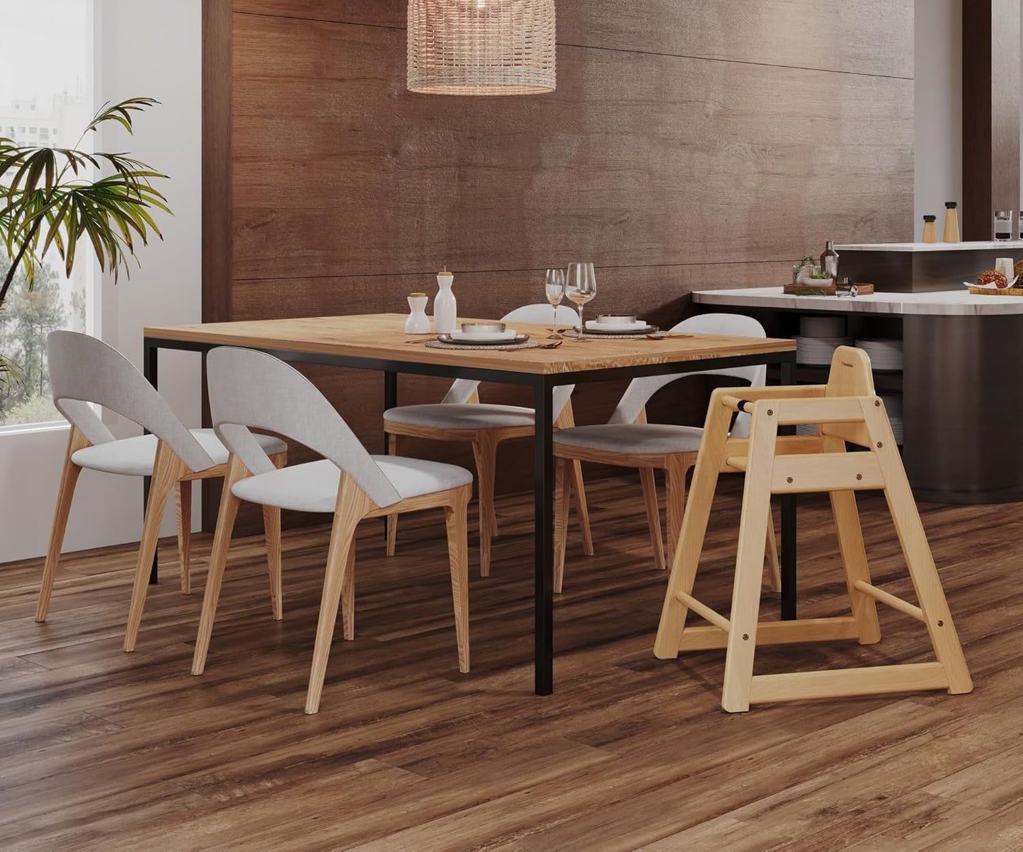 Foundations Neat Seat Wood Highchair for Restaurants, Easy to Clean, “No-tip” Feet, 3-point Safety Harness, Durable Hardwood, Small Footprint, Stackable (Natural)