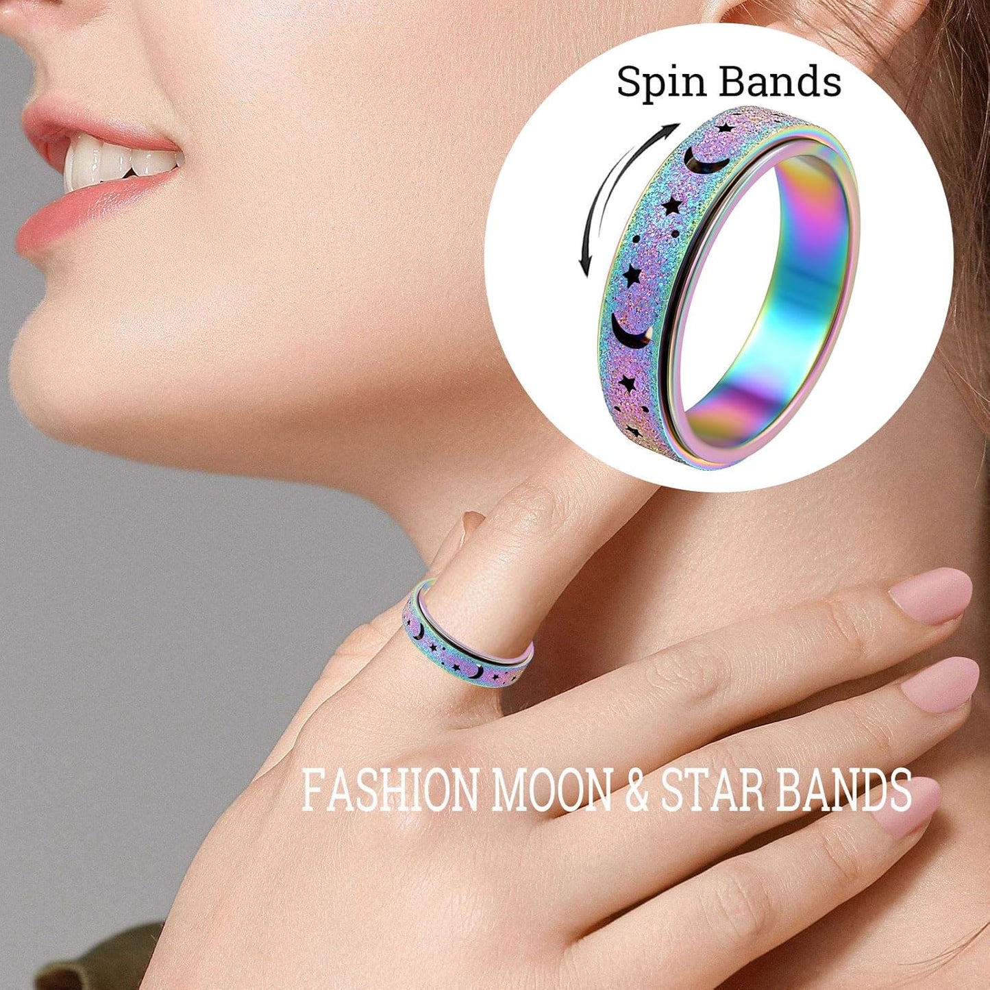 OreilleStar Anxiety Ring for Women Spinner Ring Fidget Ring Fidget Toys Adults Spinner Rings Stainless Steel Silver Rainbow Size 7 Moon Star Band