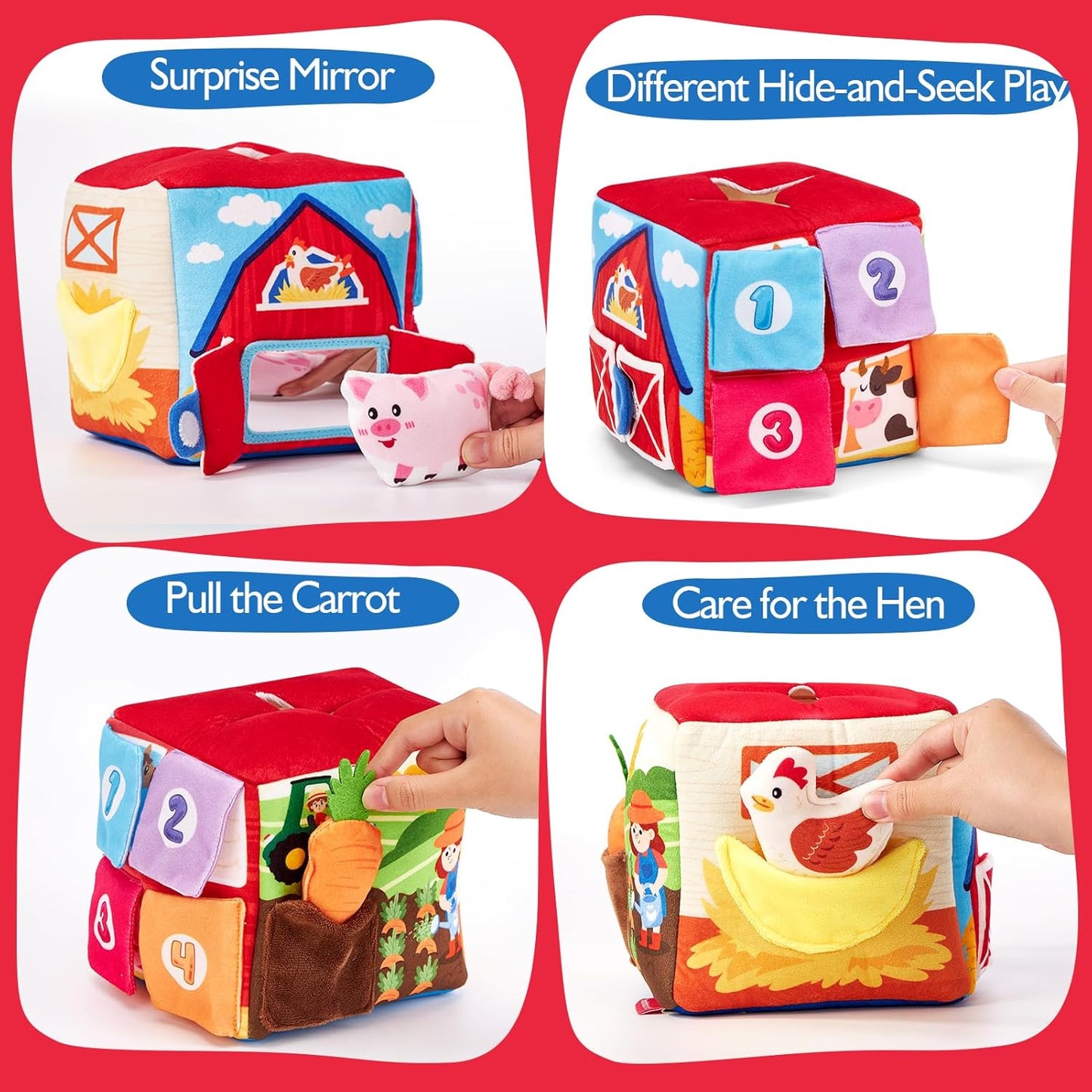 hahaland Baby Seek and Find Sensory Farm Animals Plush - 13 PCS Whats Inside Box with Rattle, Crinkle, Squeaker, Mirror, Texture, 9 Month Old Baby Toys 6-12-18 Months, Montessori Toys for 1 Year Old