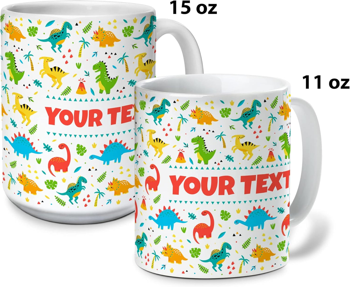 Personalized Mug for Kids - Dinosaurs - Custom Name/Text, Ceramic Hot Chocolate/Cocoa/Coffee Cup for Boys/Girls, Birthday/Christmas/Holiday Gift - 15 oz, Light Blue Handle