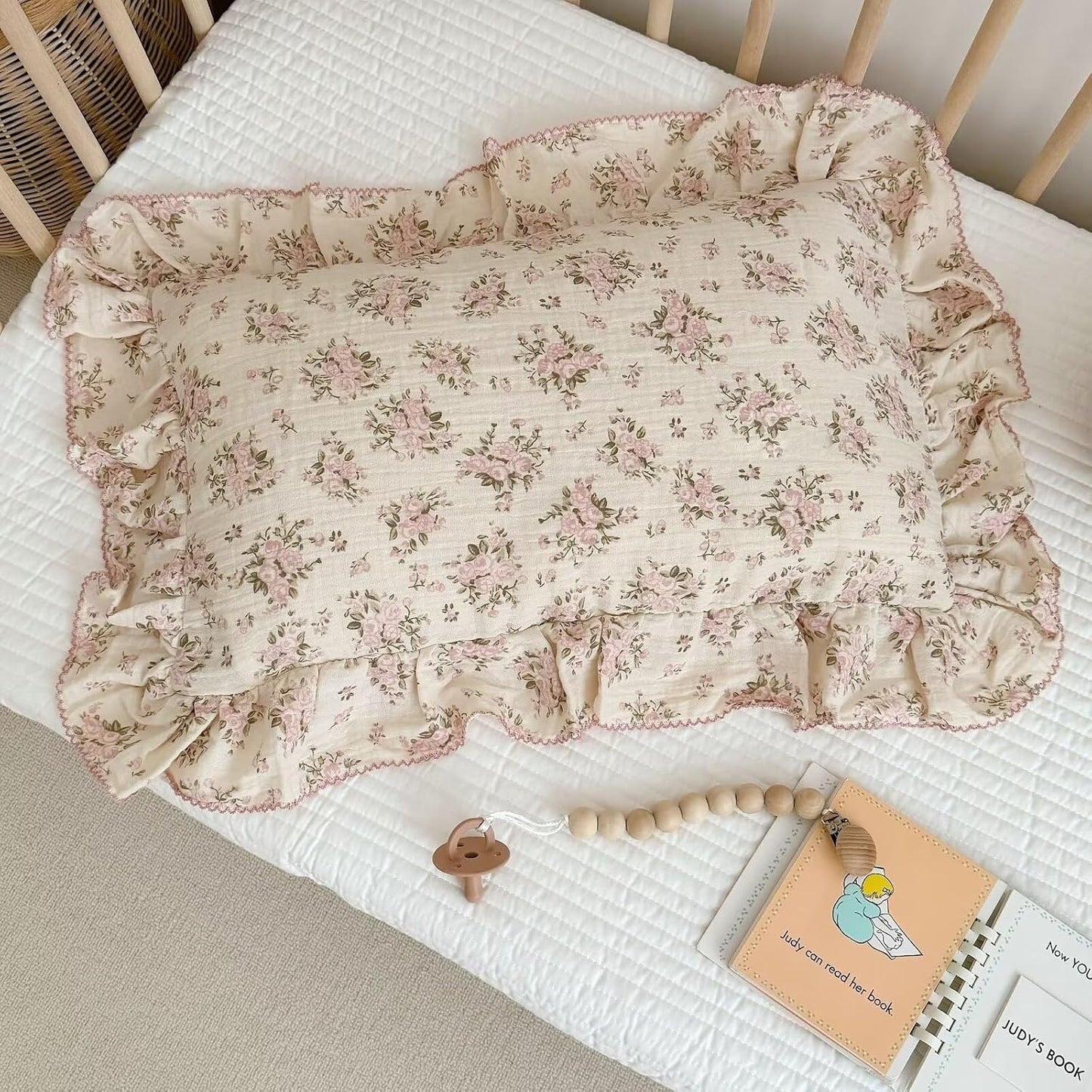 BuLuTu Cotton Muslin King Pillow Case, Chic Shabby Pink Floral Print Pillowcase for Teens Adults Children, French Country Ruffled Edges Pillow Cases,20x36 inch, 1 Piece, Pink Peony