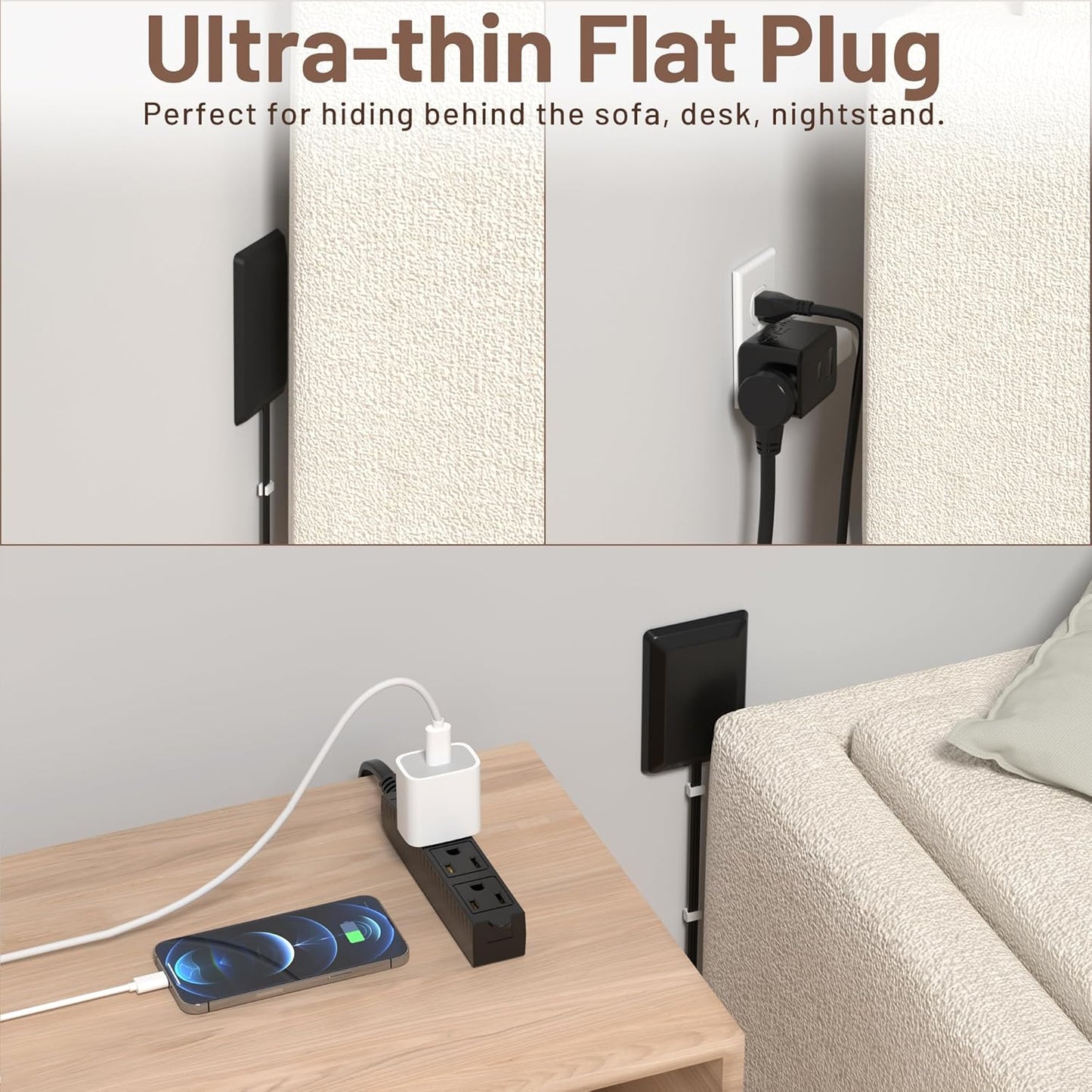 8FT Flat Plug Extension Cord with Cord Concealer Kit,3 Outlet Power Strip,Wall Extension Cord with Flat Plug for Baby Protection,Universal Size for Home,Bathroom with ETL Listed,Black