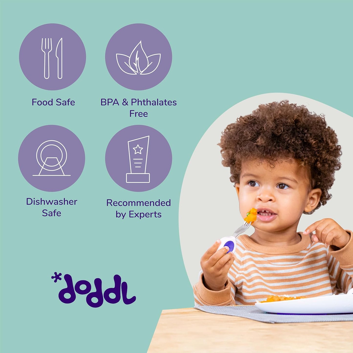 doddl 6-piece Spoon and Fork Set (3 Pairs) - Learn to use Toddler Silverware in Minutes, Toddler Utensils 1 year old & up, Baby Led Weaning Supplies